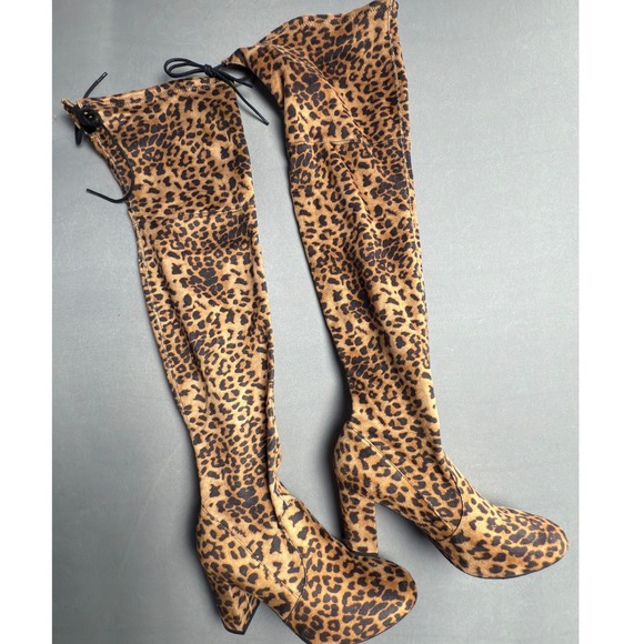 Buckle Leopard Print‎ Over the Knee Boots Block Heel Drawstring Women's 7.5 - Picture 2 of 4